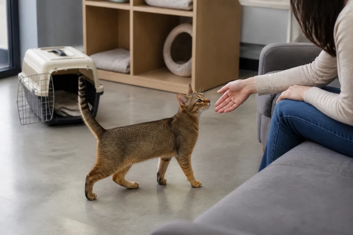 Adult ticked-coat rescue cat meeting an adopter in a shelter room without implying confirmed Abyssinian pedigree