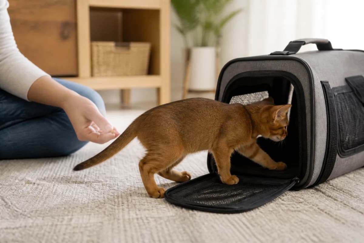 Ruddy Abyssinian kitten entering a secure ventilated carrier voluntarily before a short practice trip