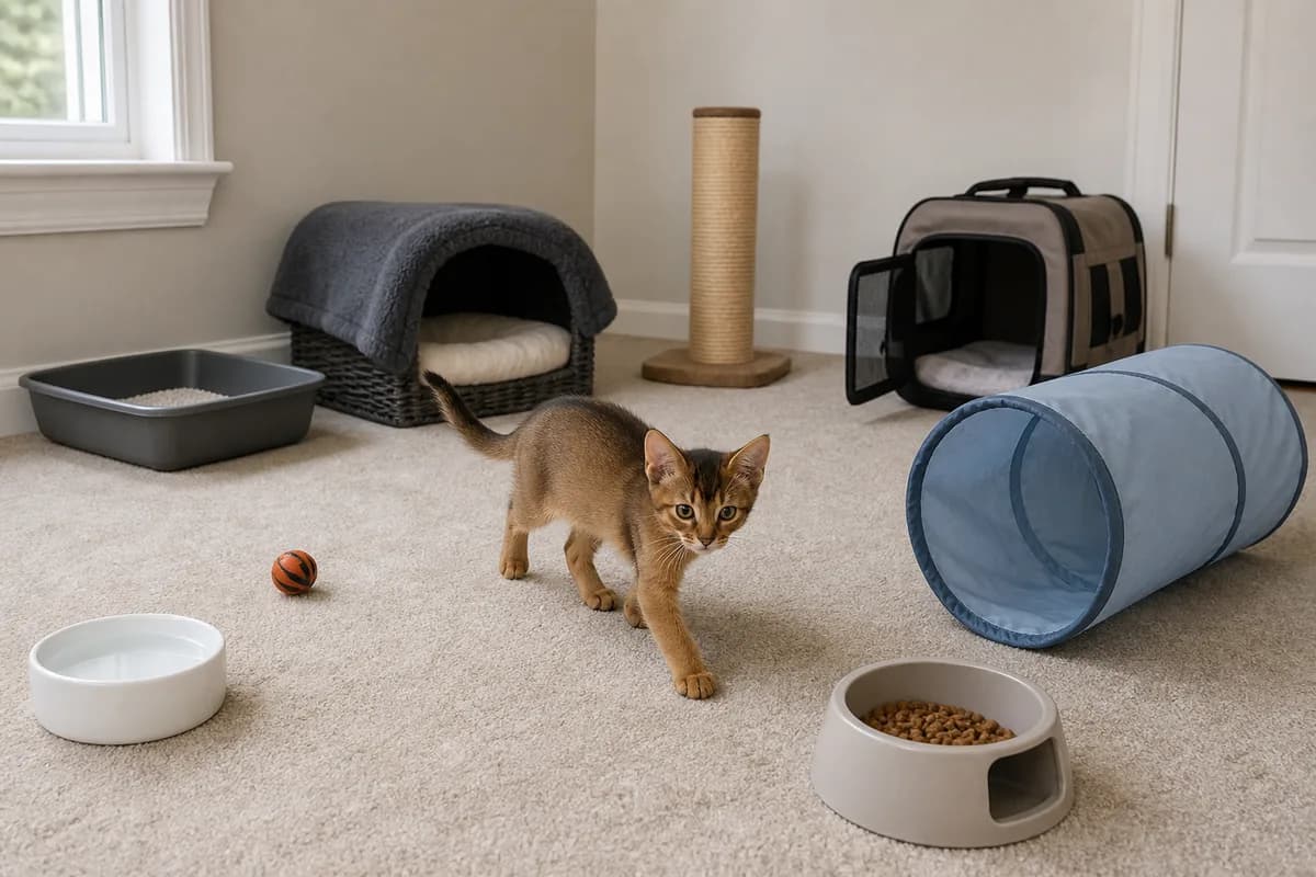 Quiet Abyssinian kitten starter room with measured feeder, separate water, litter box, play tunnel and covered resting area