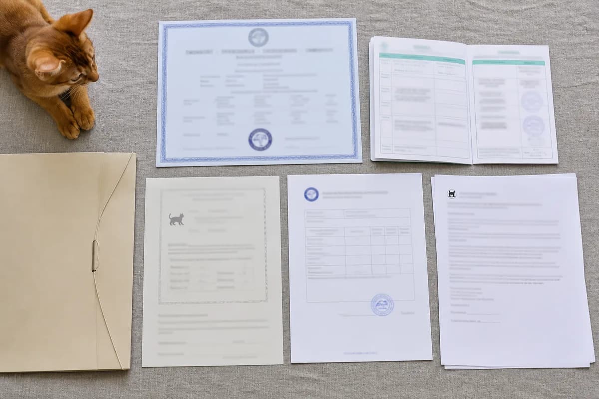 Abyssinian kitten pedigree, vaccine record, veterinary record and contract arranged for review with personal details obscured