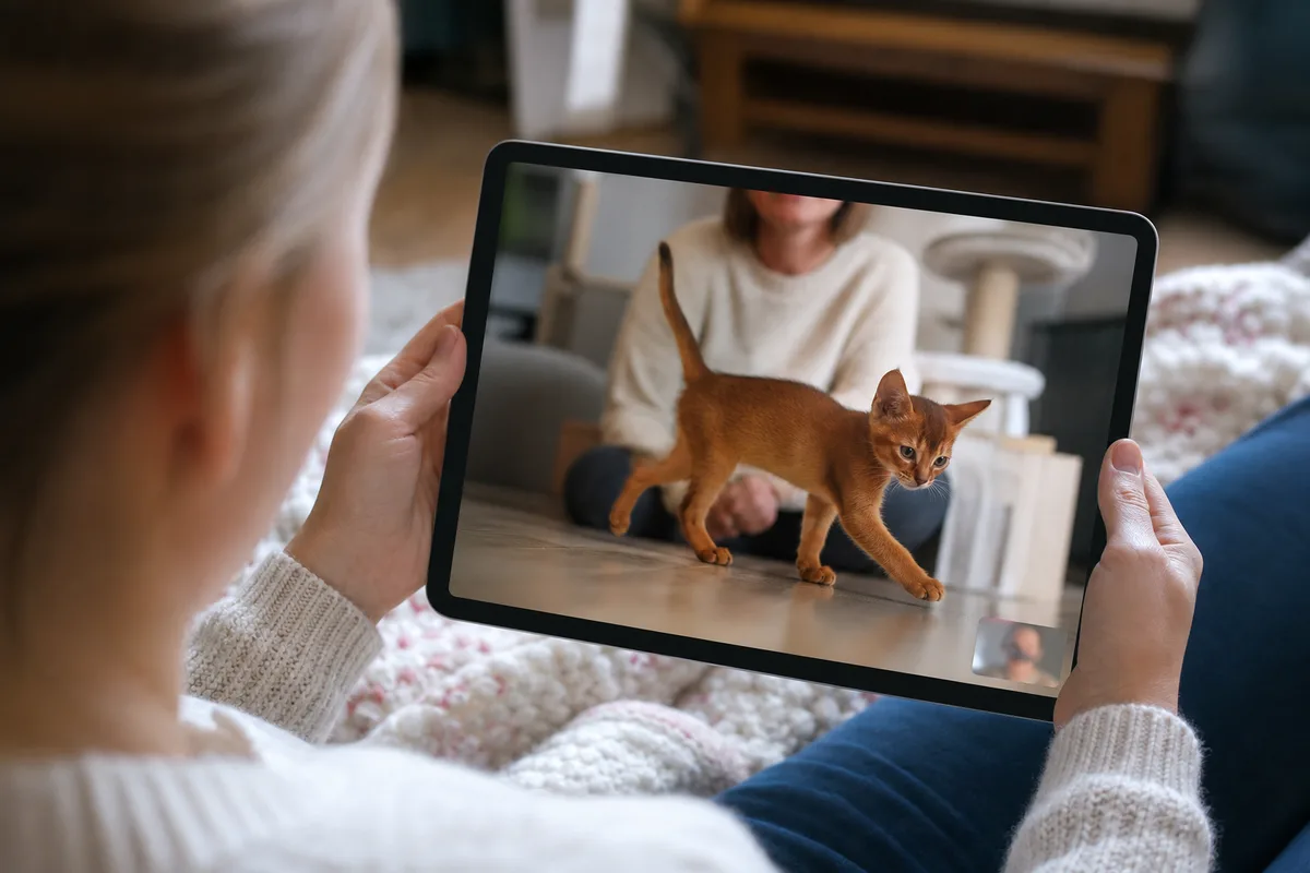 Buyer on a live video call while an Abyssinian kitten walks naturally and the seller and current date are visible with private details obscured