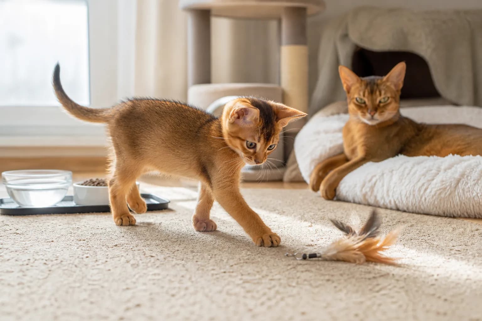 Healthy ruddy Abyssinian kitten exploring a clean breeder home while an adult cat remains visible in the background