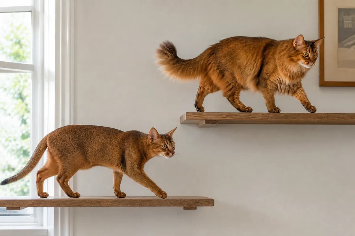 Abyssinian and Somali moving across separate secured climbing shelves in a bright cat-safe room
