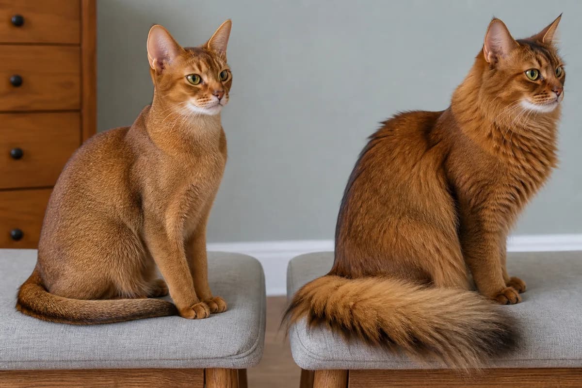 Side view comparing a short ticked Abyssinian coat with a longer ticked Somali coat, full ruff, and plume tail