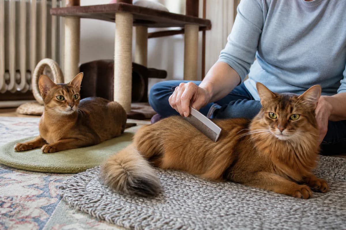 Owner gently combing a cooperative Somali while a shorthaired Abyssinian rests nearby