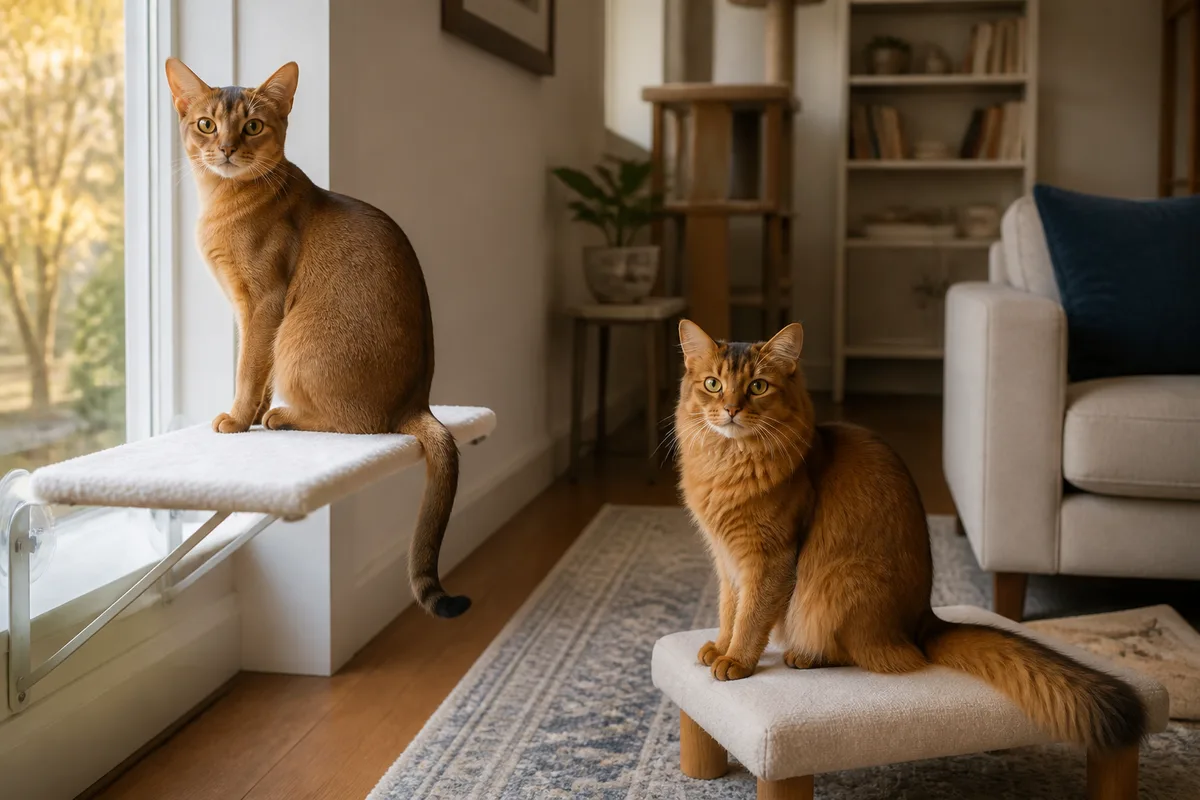 Abyssinian and Somali choosing separate perches in a calm multi-cat living room