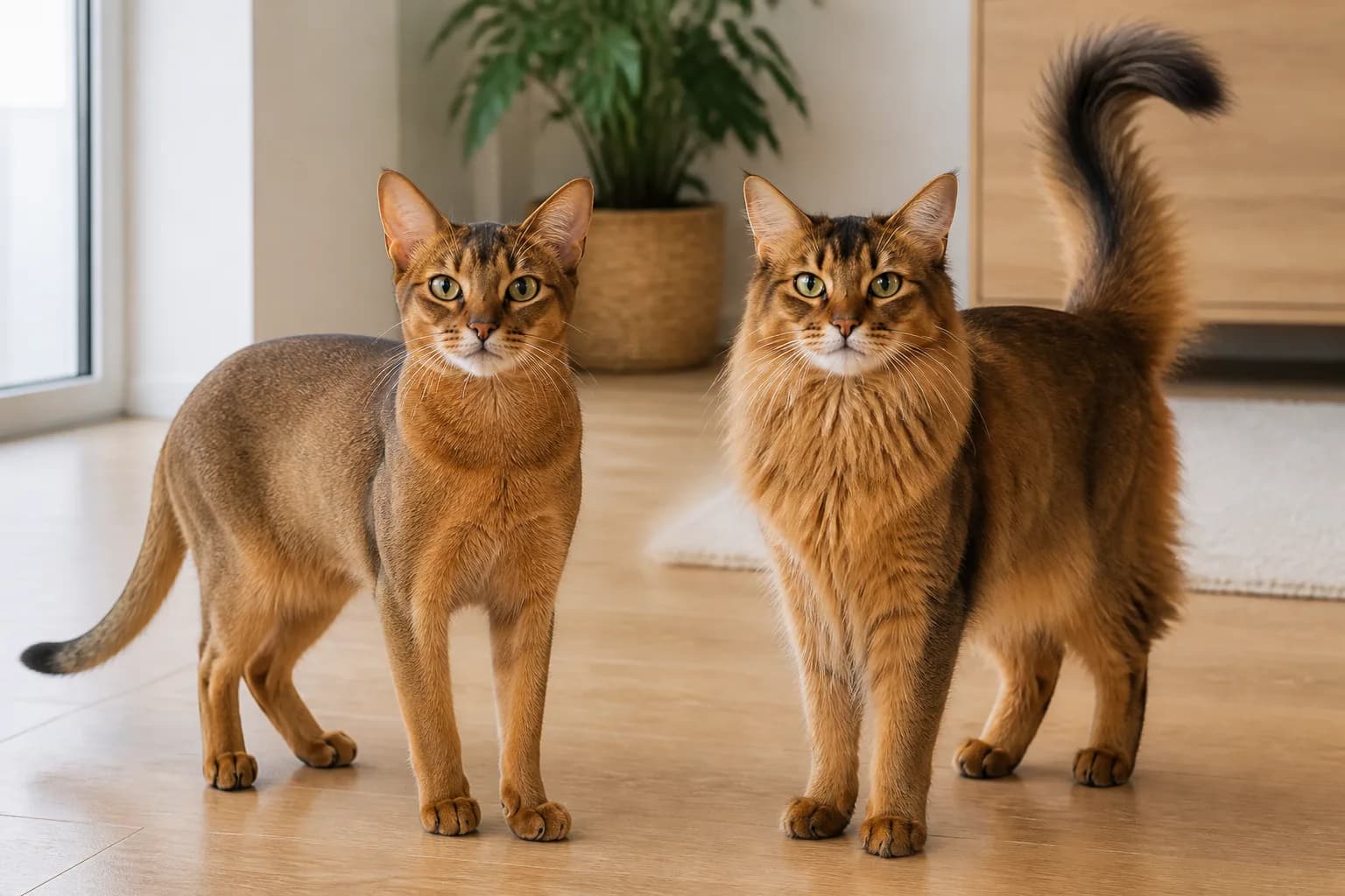 Ruddy shorthaired Abyssinian and longhaired ruddy Somali standing side by side in the same natural-light room