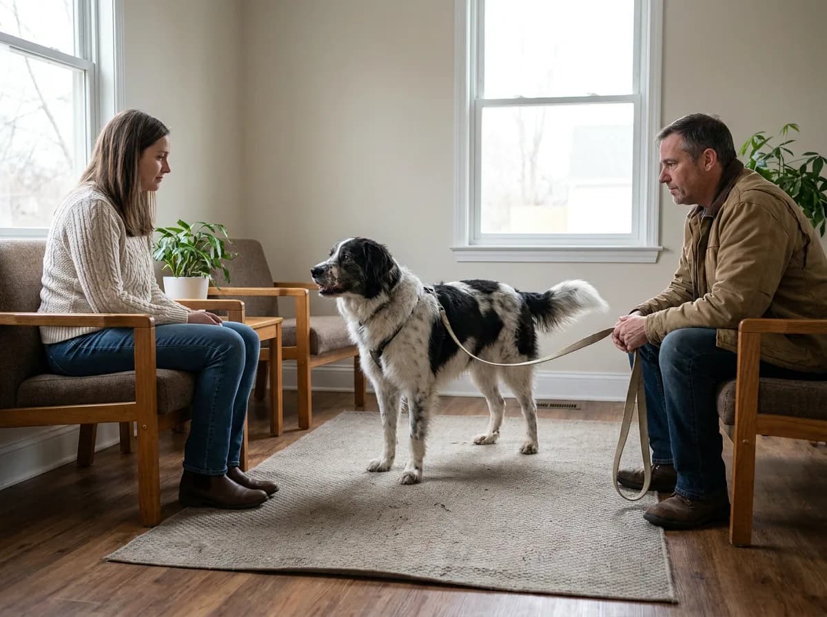 Black-and-white dog on a loose lead between two seated adults.