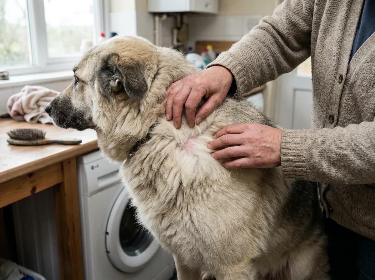 Caregiver gently parting a large dog’s pale coat beside a grooming brush.