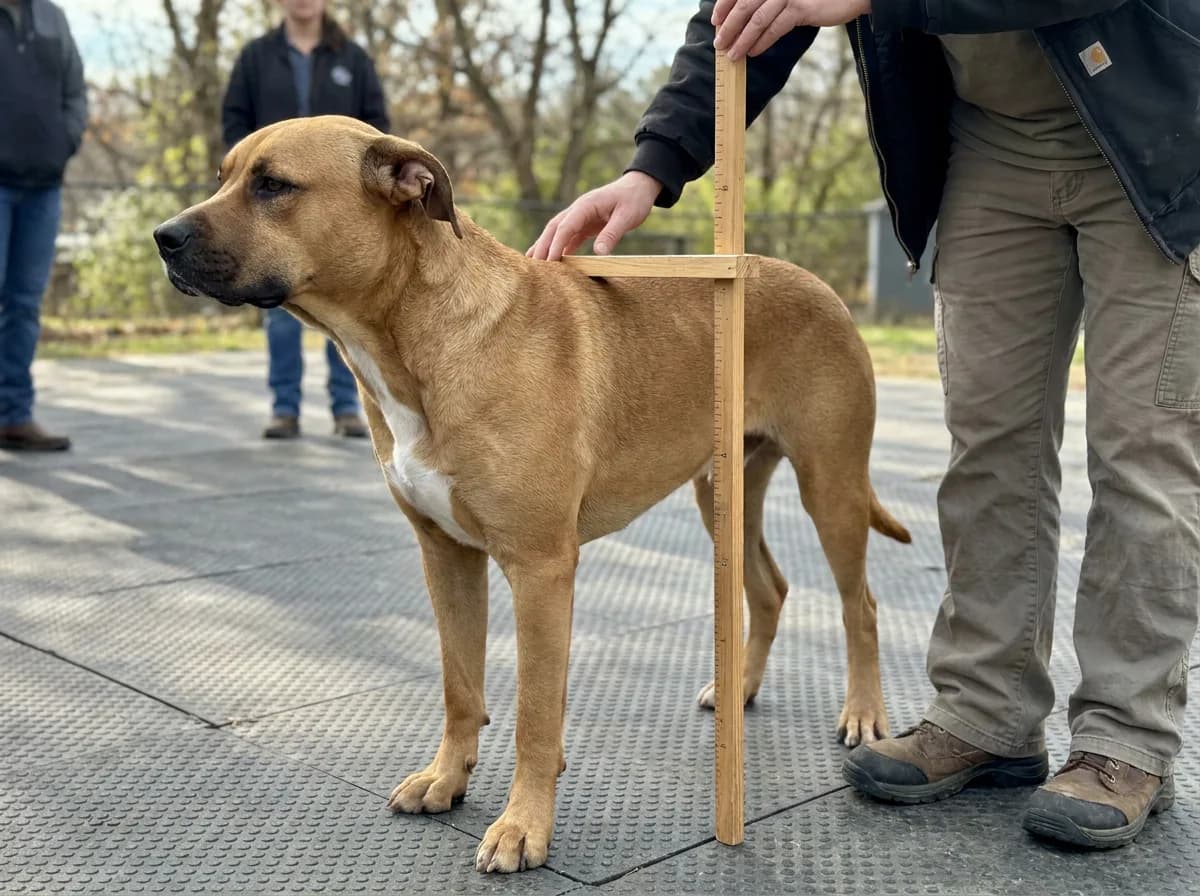 Tan dog standing beside a vertical measuring stick with a crossbar at the shoulder.