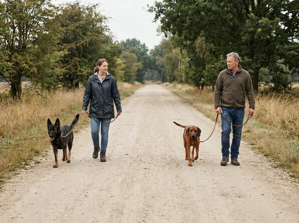 Two handlers walking separate dogs with space between them on a broad path.