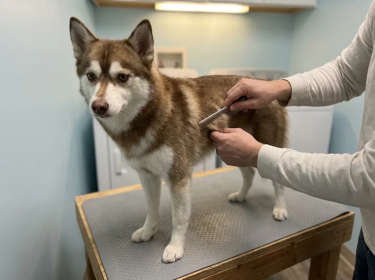 Caregiver combing a red-and-white Alaskan Klee Kai on a nonslip surface
