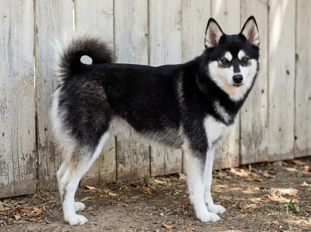 Black-and-white Alaskan Klee Kai standing beside a wooden fence
