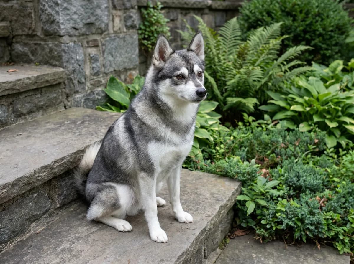 Gray-and-white Alaskan Klee Kai sitting on a garden step