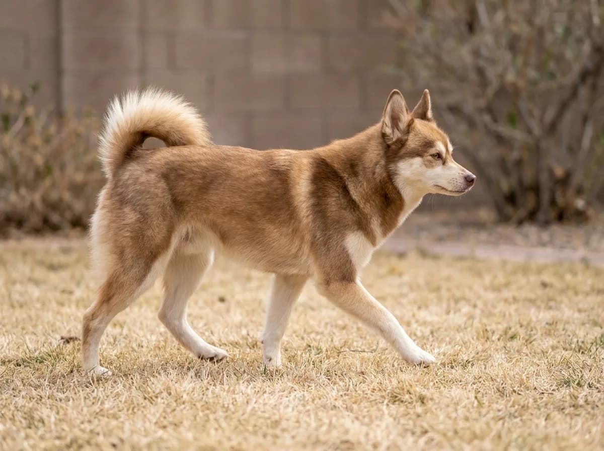 Red-and-white Alaskan Klee Kai walking across grass