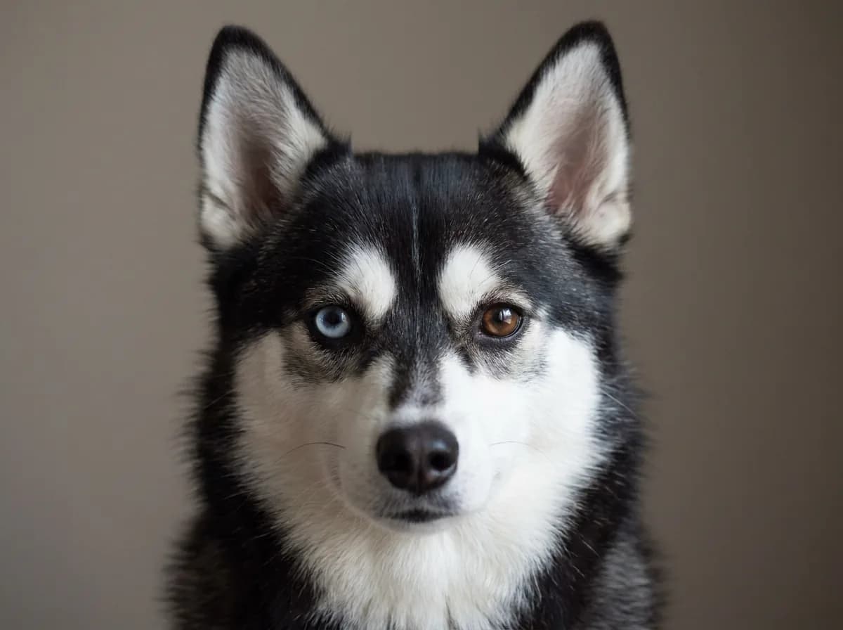 Close view of the facial mask and differently colored eyes of an Alaskan Klee Kai