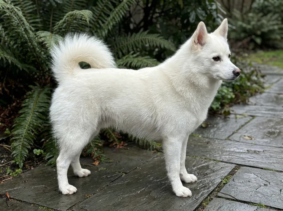 Solid-white northern-type dog standing on a slate path beside ferns