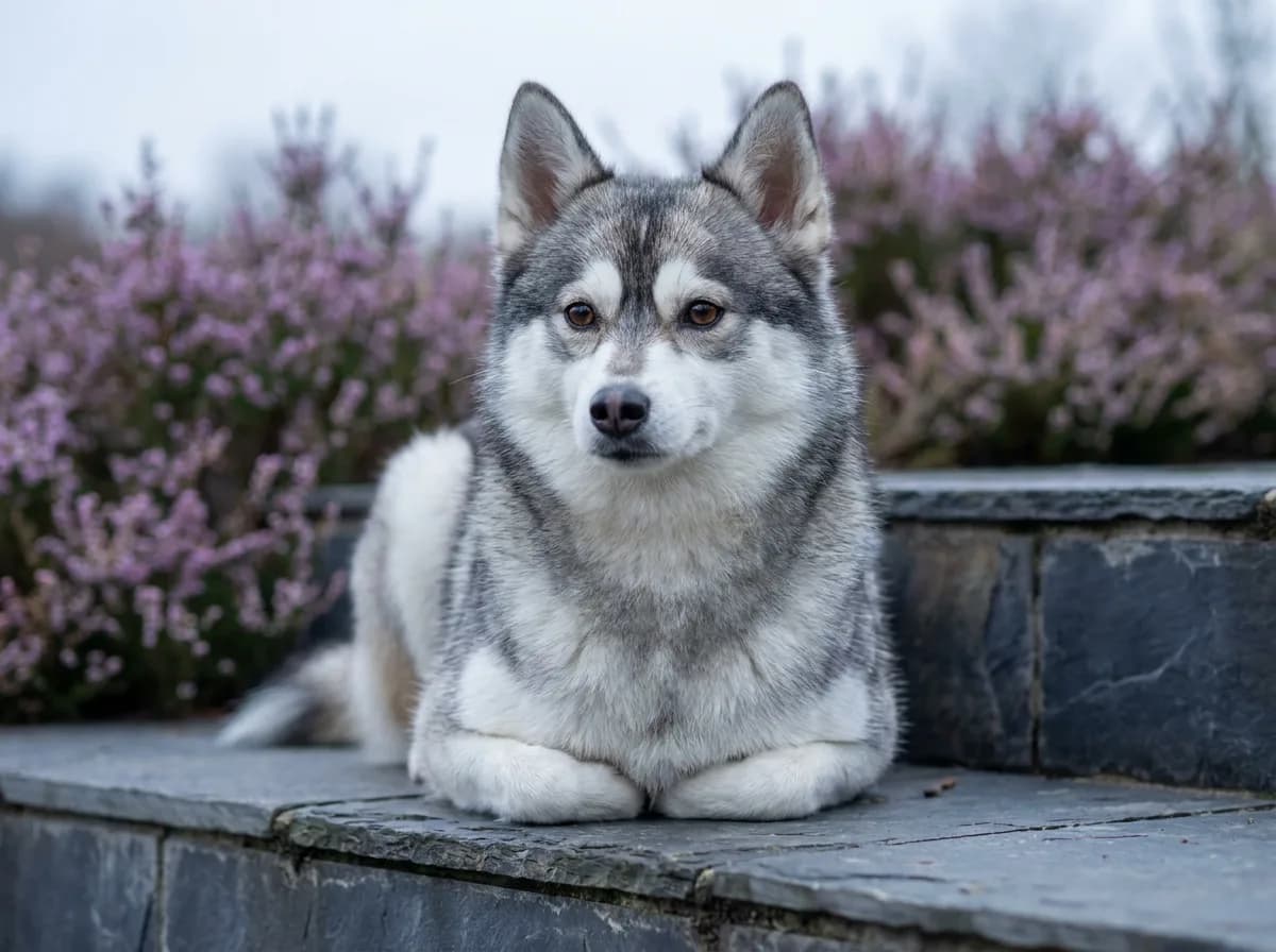 Gray-and-white Alaskan Klee Kai resting on stone steps
