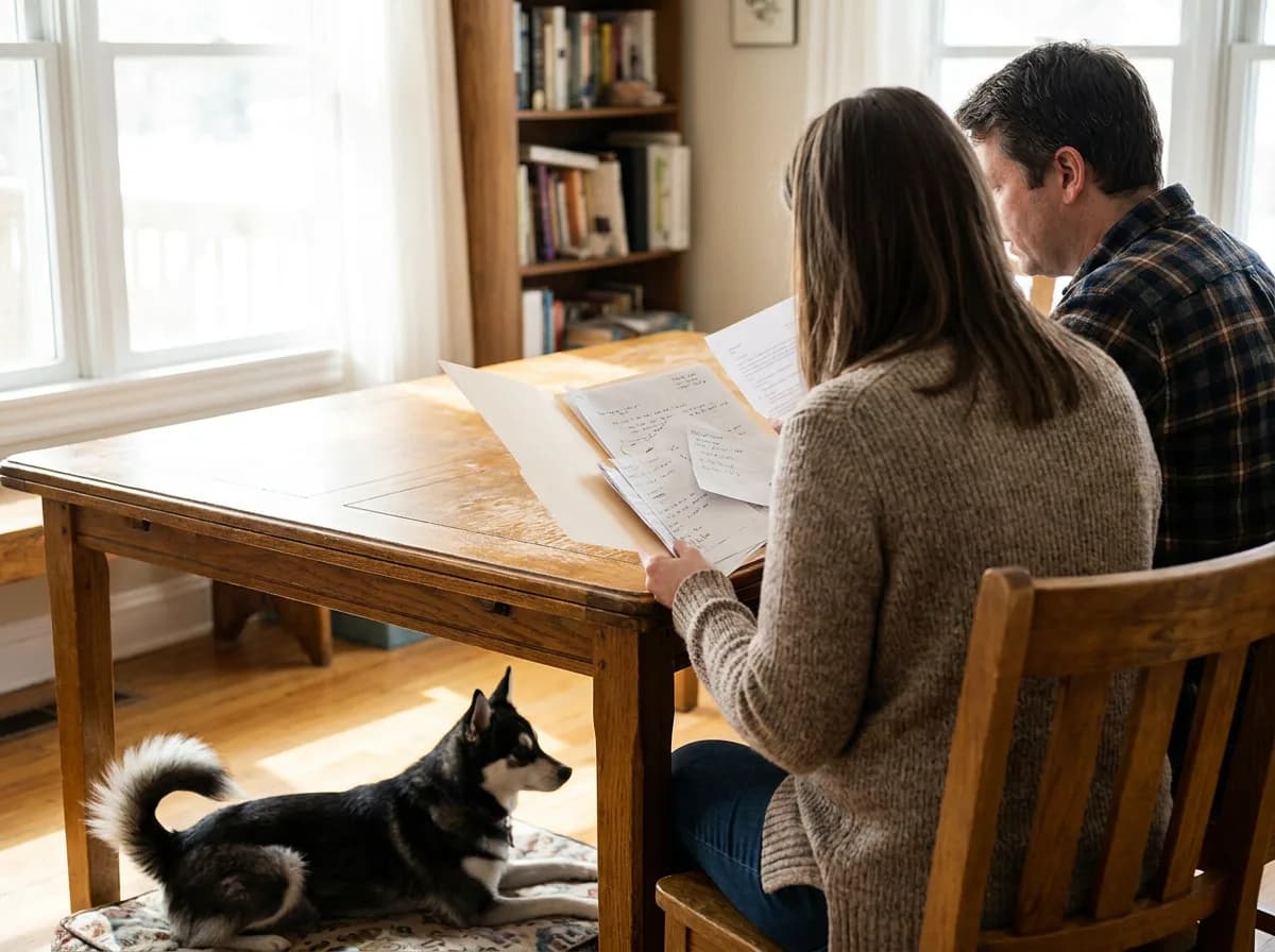 Two adults reviewing papers while an Alaskan Klee Kai rests nearby