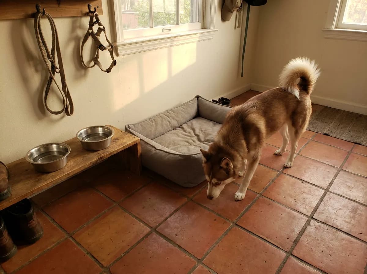 Red-and-white Alaskan Klee Kai beside a bed, bowls and walking equipment