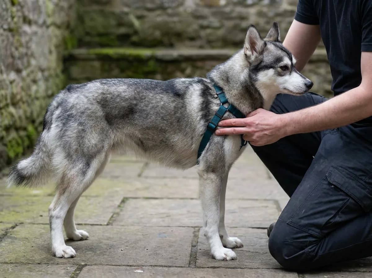 Caregiver checking the fit of a teal harness on an Alaskan Klee Kai