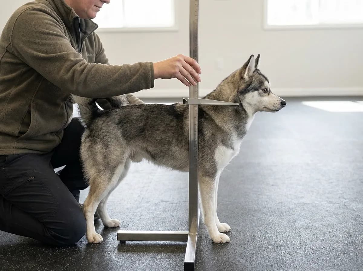 Caregiver measuring an Alaskan Klee Kai at shoulder height with a floor-supported metal wicket