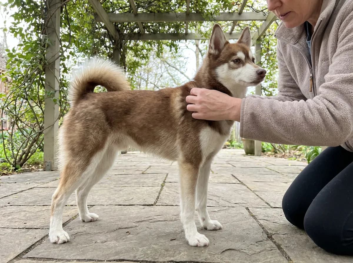 Caregiver locating the shoulder landmark on a red-and-white Alaskan Klee Kai