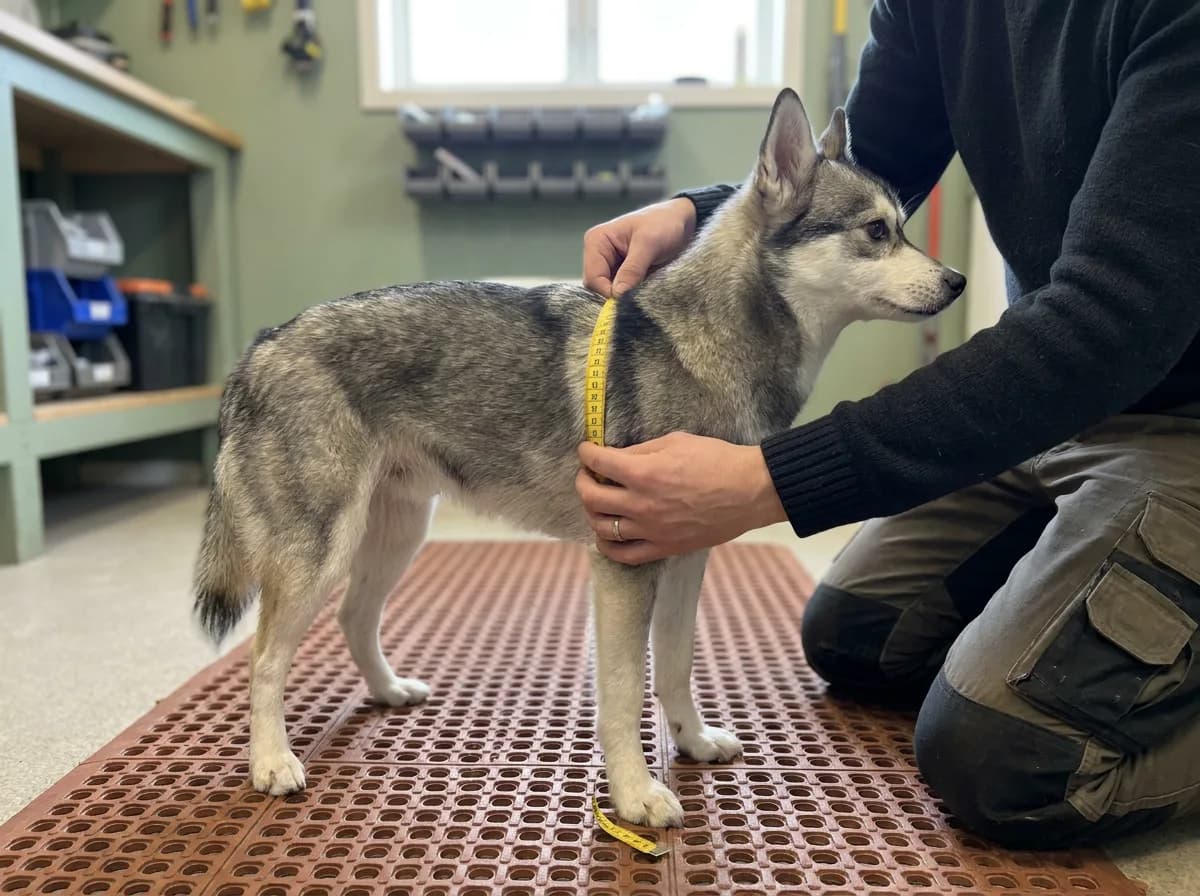 Caregiver measuring chest girth behind the front legs of an Alaskan Klee Kai