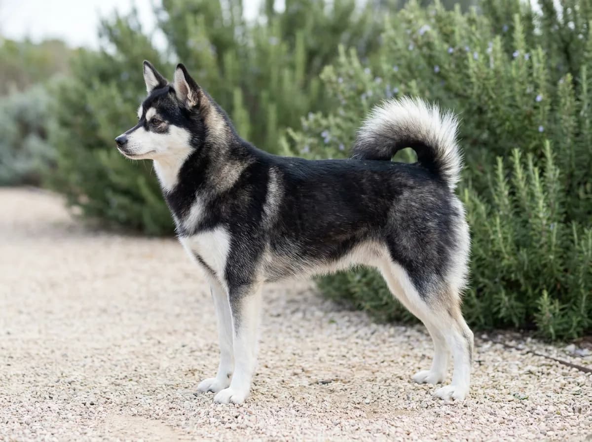 Black-and-white Alaskan Klee Kai standing in side profile on a gravel garden path