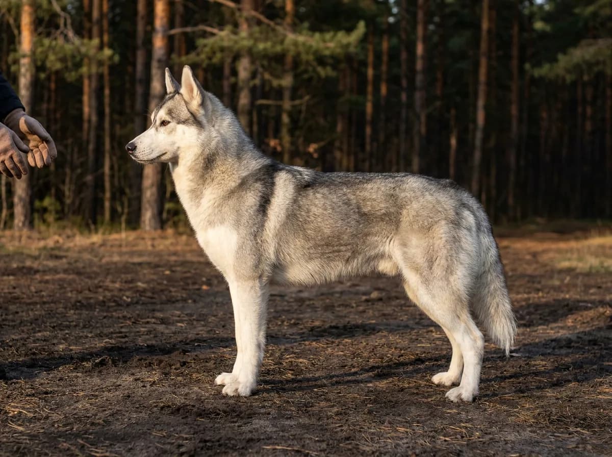 Siberian Husky standing in side profile on a woodland path