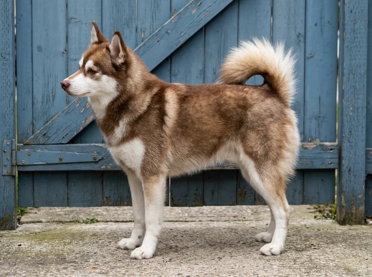 Red-and-white Alaskan Klee Kai standing in side profile beside a blue gate