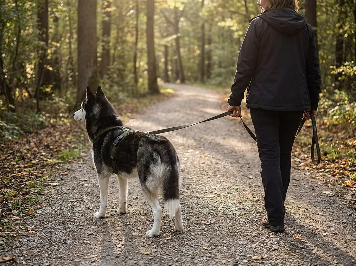 Caregiver walking a black-and-white northern dog on a woodland path