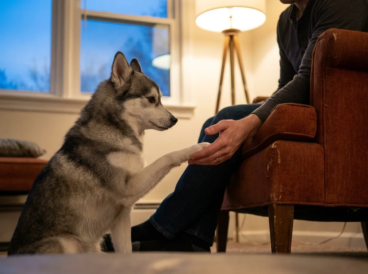 Alaskan Klee Kai offering a paw to a seated caregiver