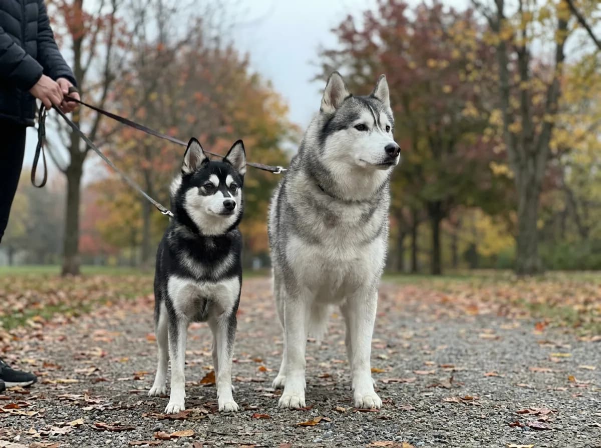 Small black-and-white Alaskan Klee Kai beside a larger gray-and-white Siberian Husky with a handler