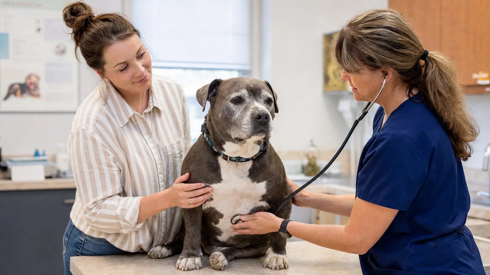 Senior American Bully receiving a calm wellness examination from a veterinarian