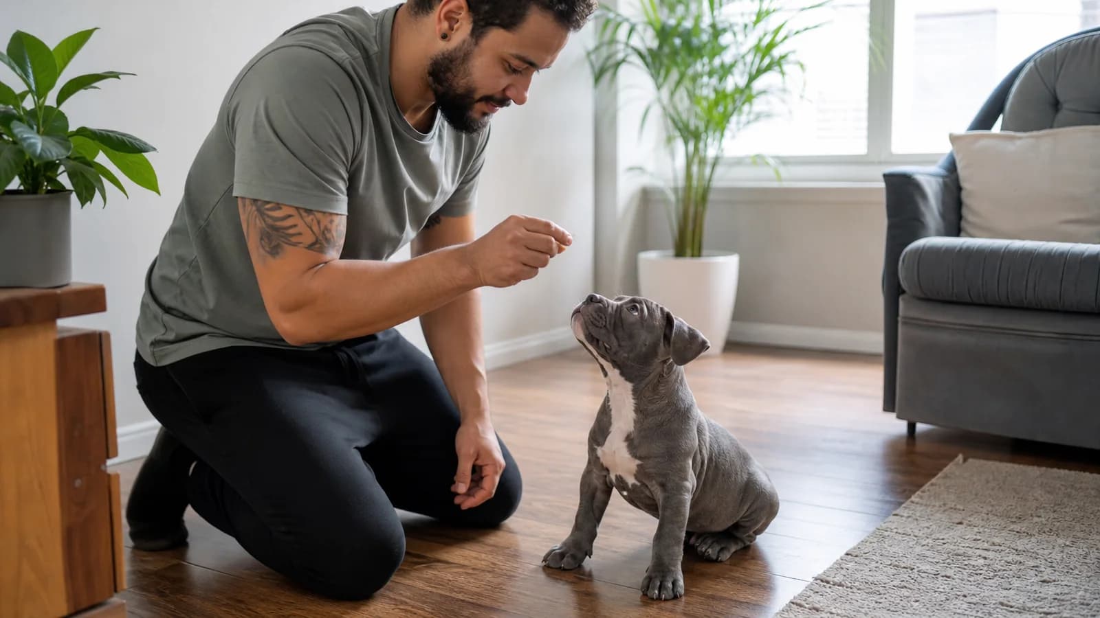 A short reward-based name-response session with an American Bully puppy at floor level