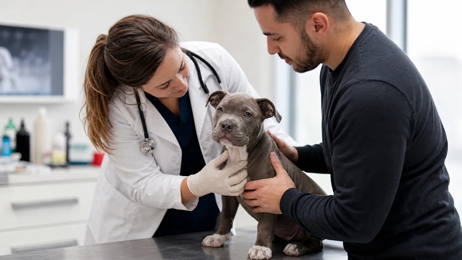 An American Bully puppy receiving a calm first-year wellness examination