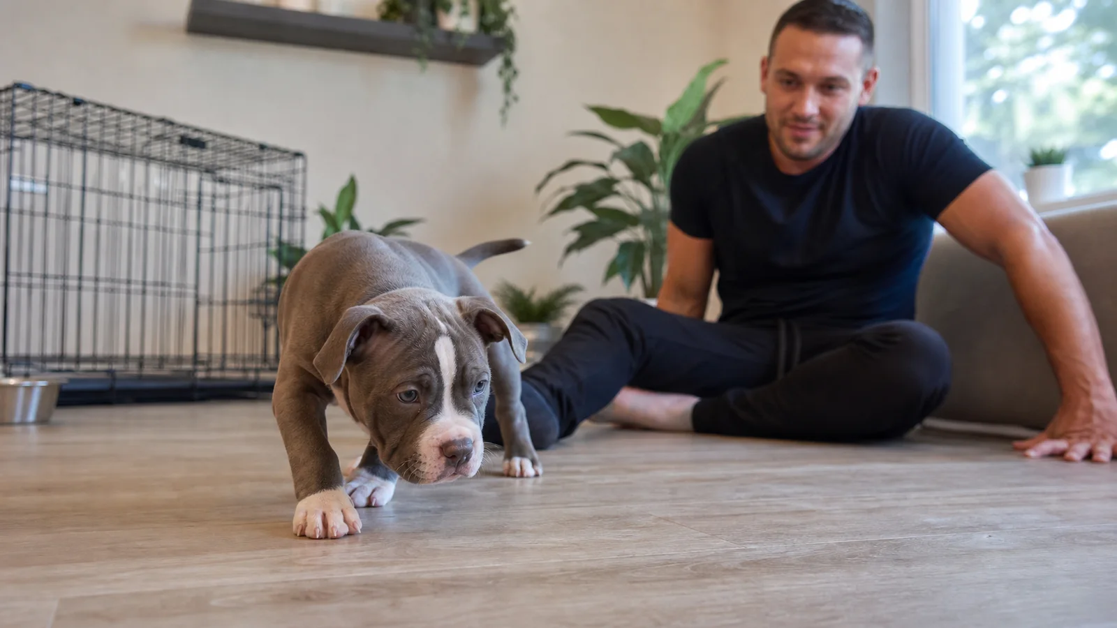 A healthy American Bully puppy exploring a puppy-proofed living room with an attentive owner