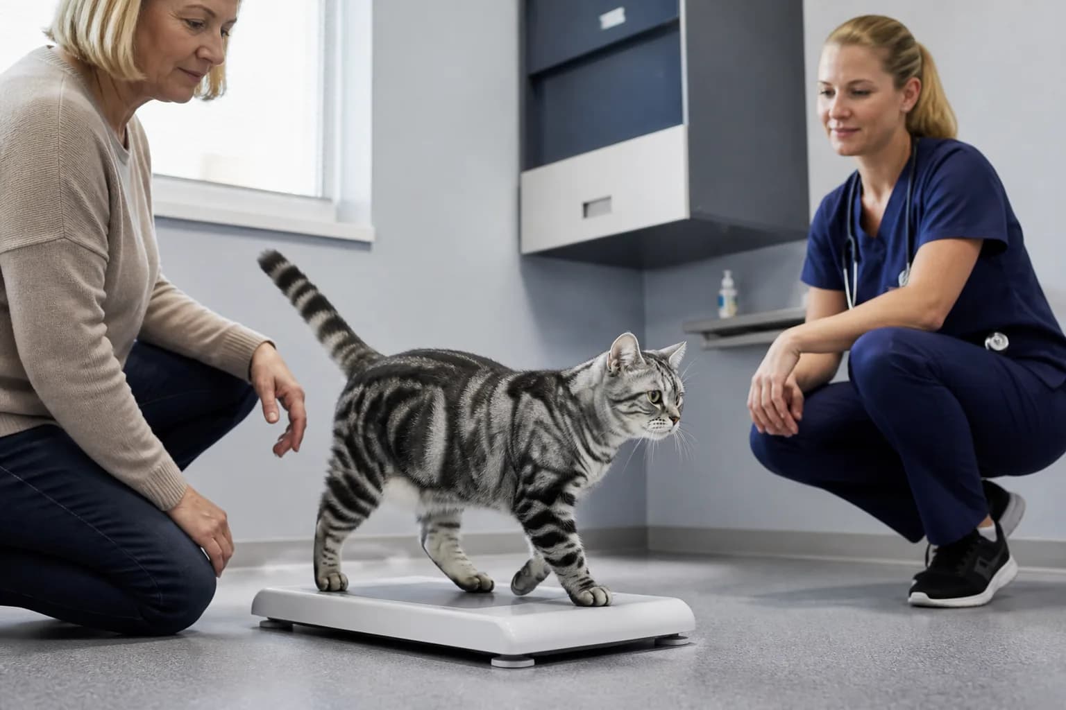 Mature silver tabby American Shorthair stepping onto a low veterinary scale with relaxed posture and the owner nearby