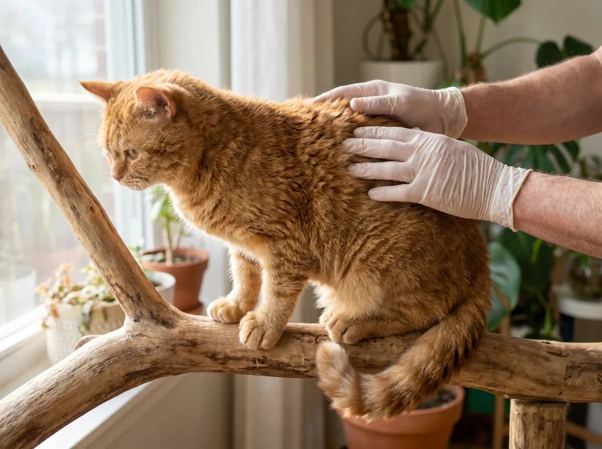 Red tabby American Wirehair standing on a wooden perch