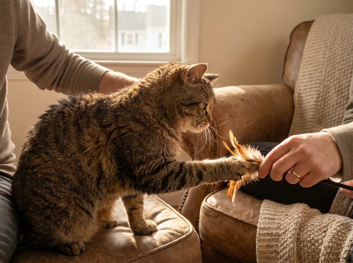 American Wirehair reaching toward a feather toy beside a person
