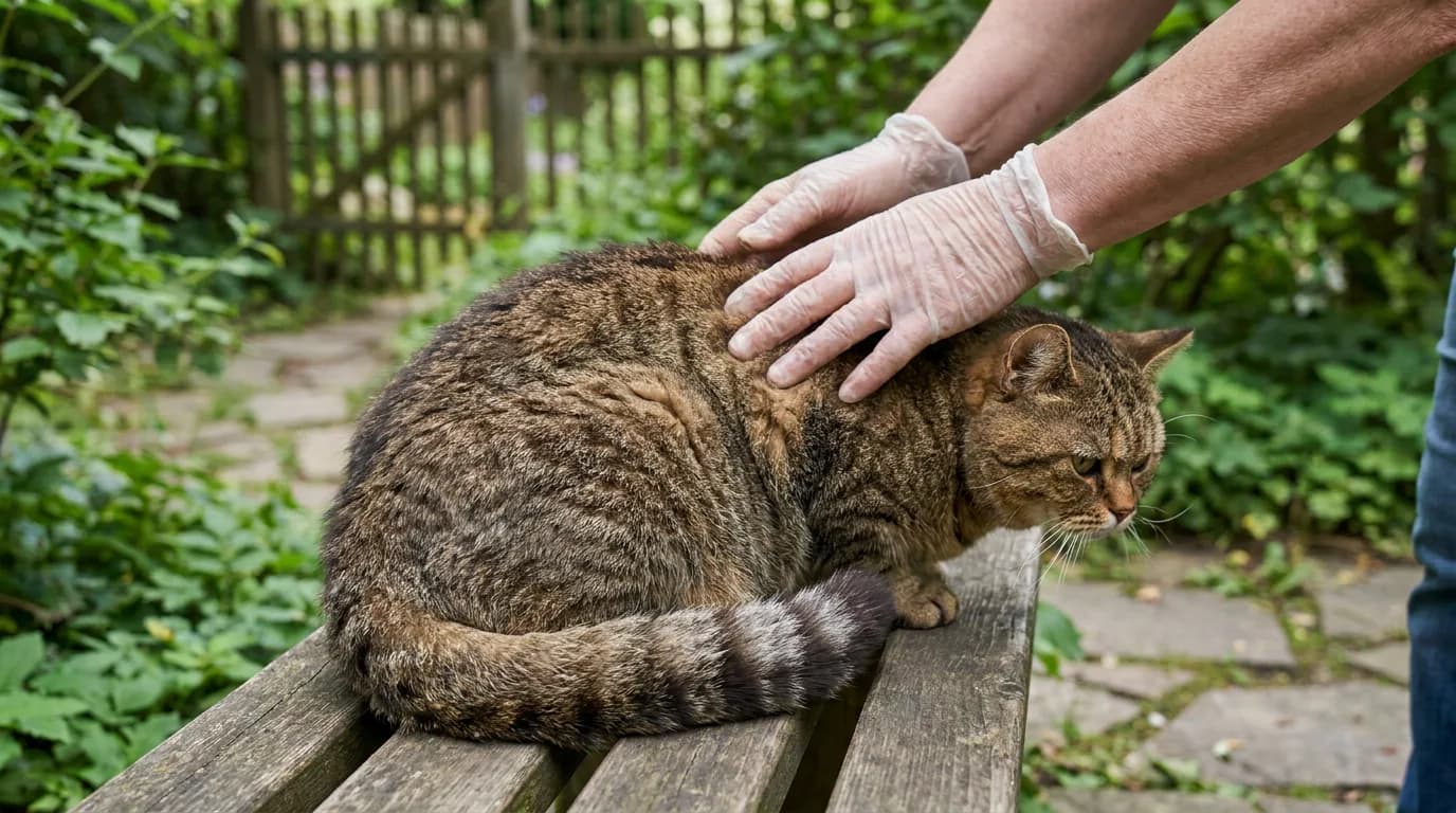 Brown tabby American Wirehair with a textured coat on a wooden bench