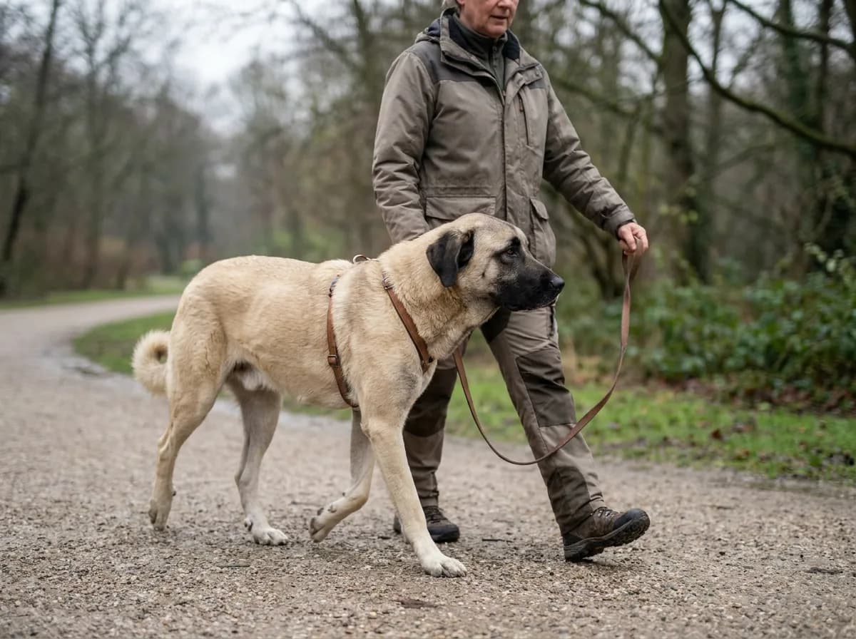 Mature Anatolian Shepherd walks at a relaxed pace with an adult handler on even ground.
