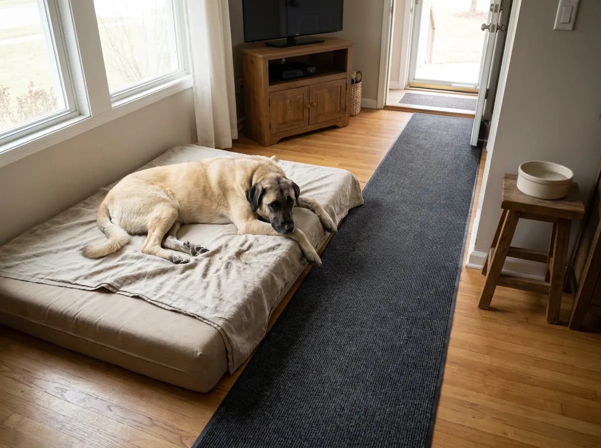 Anatolian Shepherd rests on a low bed beside a clear non-slip route and nearby water.