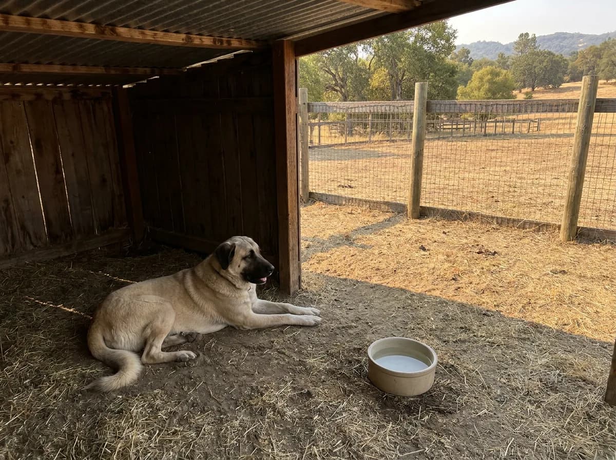 Anatolian Shepherd rests in deep shade beside clean water and a dry sheltered area.