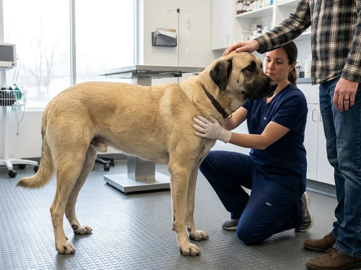 Veterinarian gently examines a calm Anatolian Shepherd on a non-slip clinic mat.