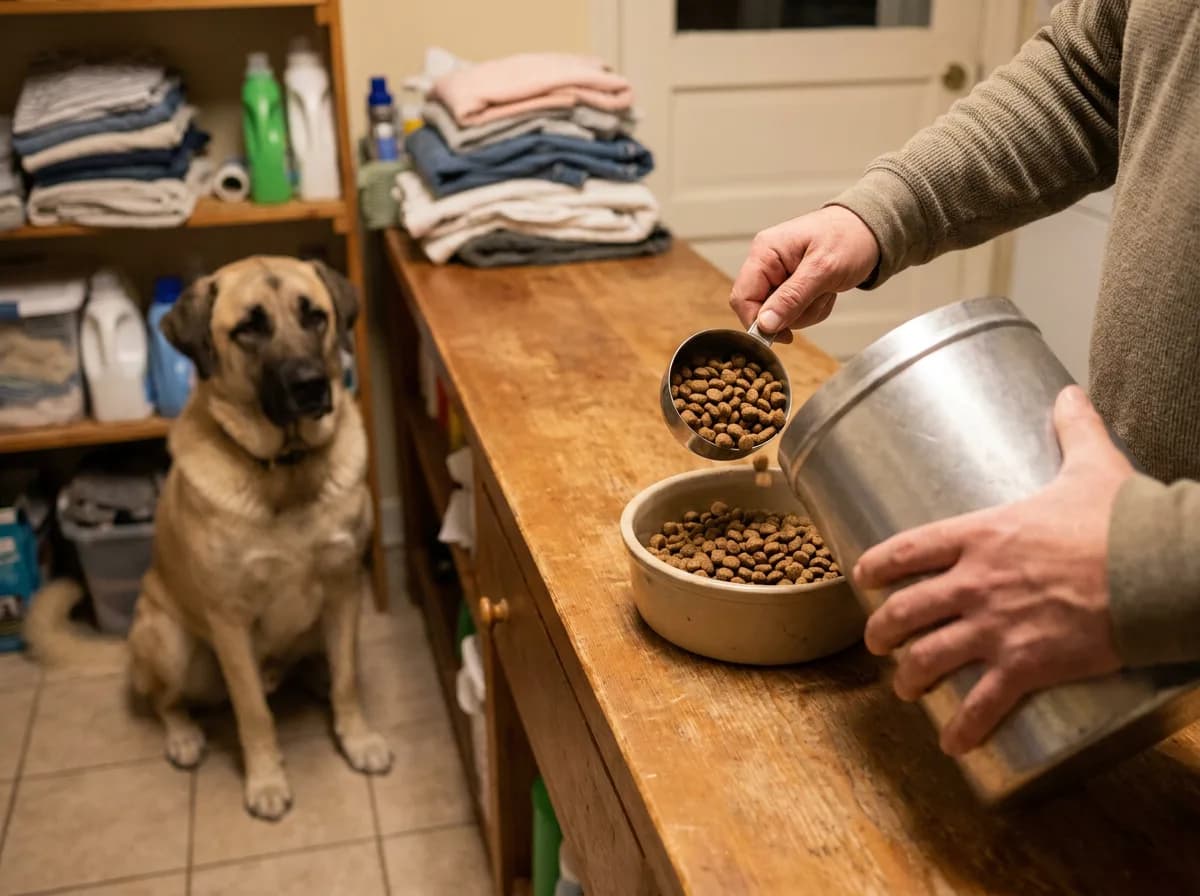 An adult portions dry food while an Anatolian Shepherd waits nearby.