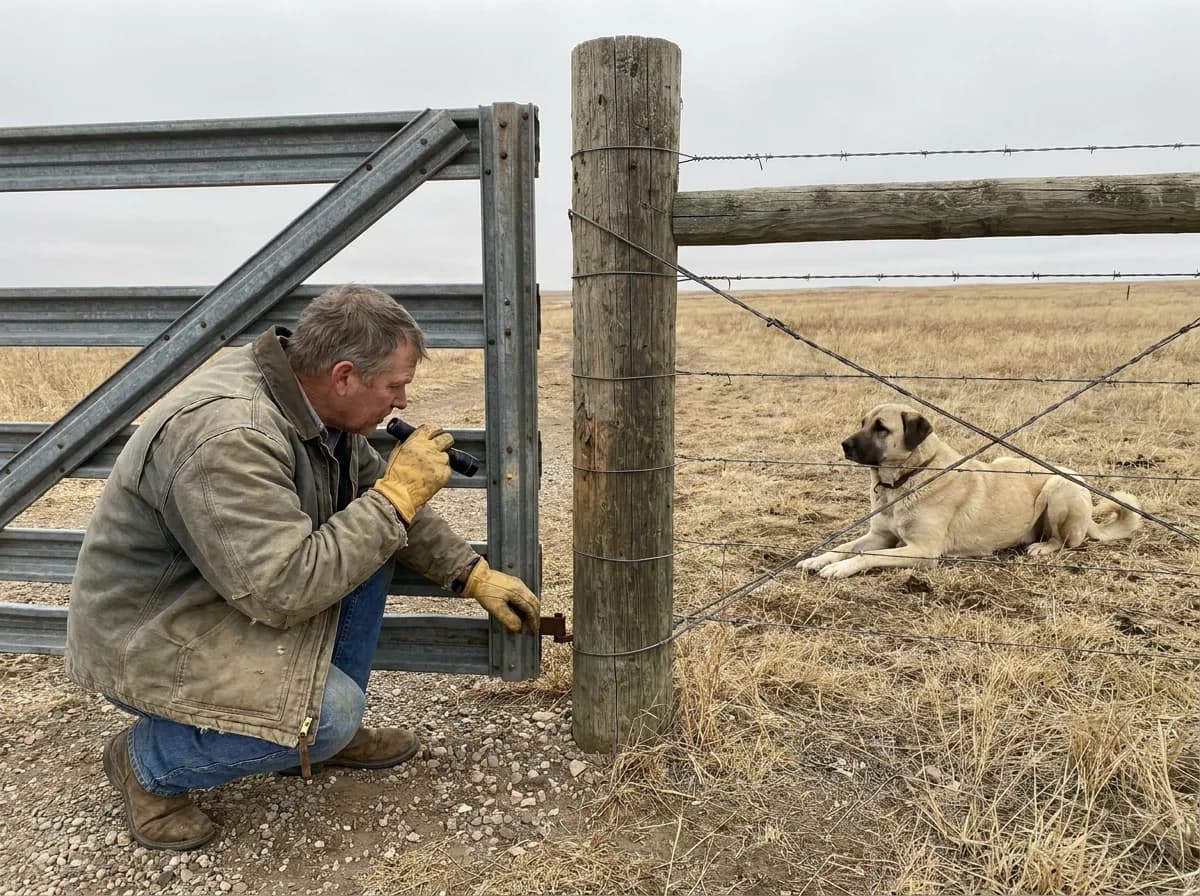 An adult checks a gate latch while an Anatolian Shepherd rests nearby.