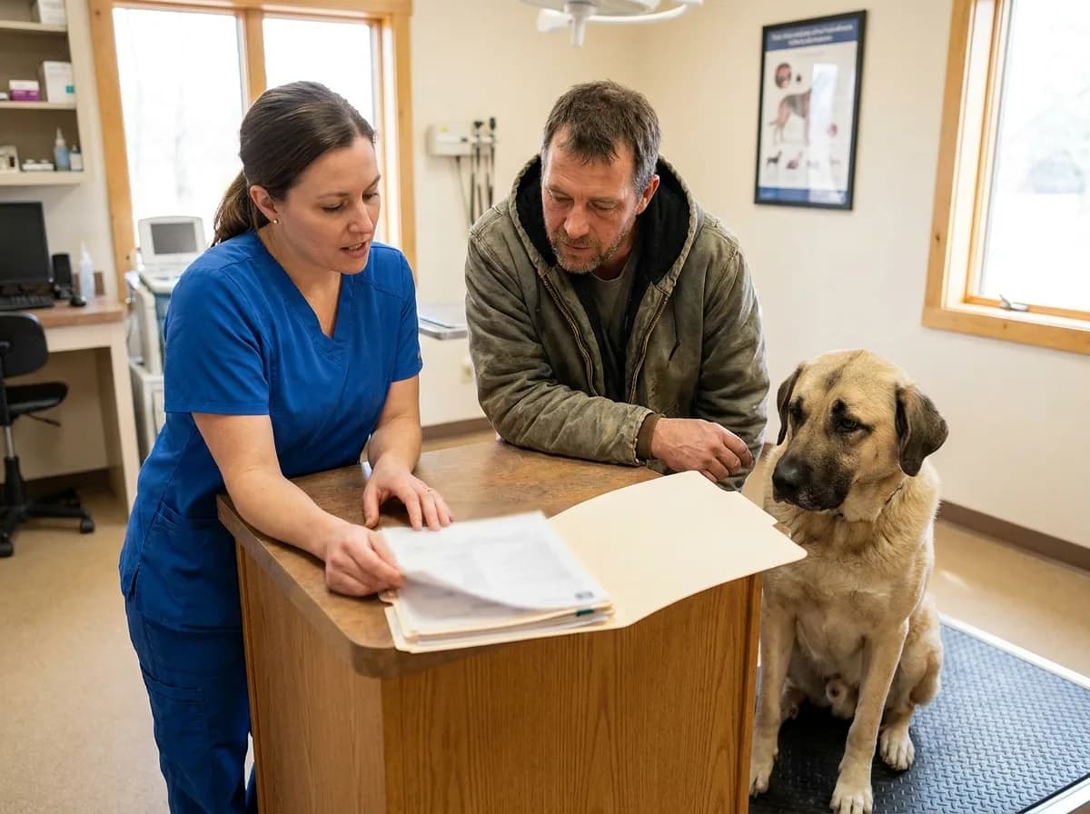 Veterinary professional and owner review a folder beside an Anatolian Shepherd.
