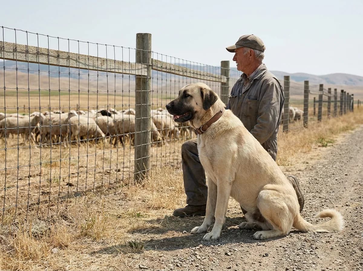Anatolian Shepherd sits beside an adult near a fenced flock.